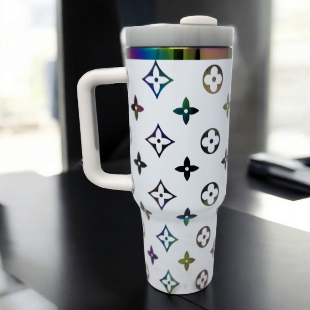 40oz White with Rainbow Colors Underlay Laser Engraved Tumbler